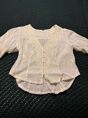 Free People Cream Lace-Trim Button Front Blouse